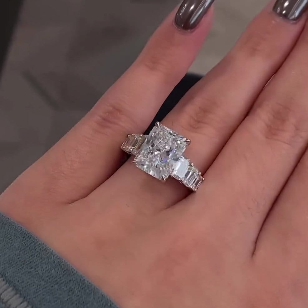 7.50tcw Radiant Lab Diamond Engagement Ring | Emerald Side Stones | IGI Certified