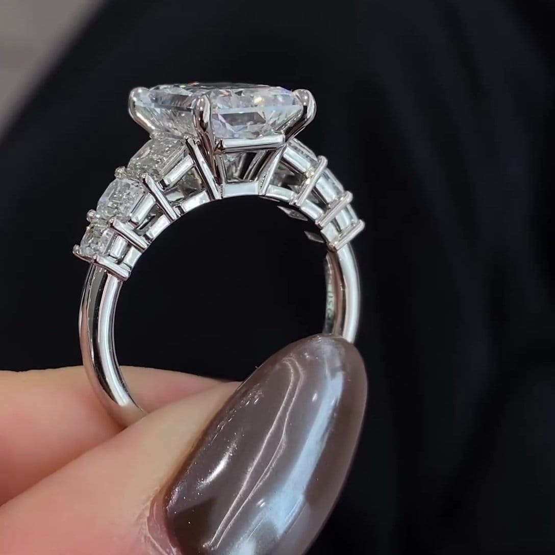 7.50tcw Radiant Lab Diamond Engagement Ring | Emerald Side Stones | IGI Certified