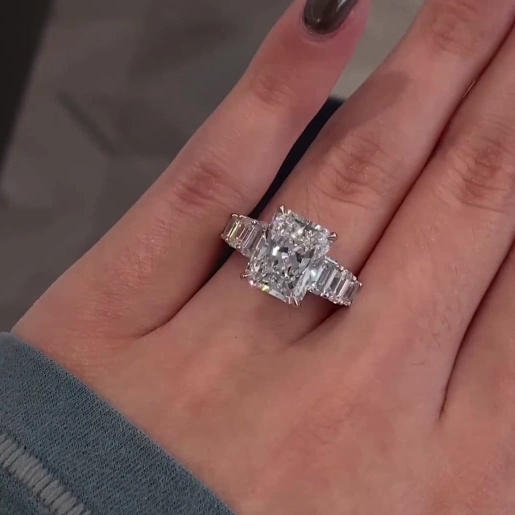 7.50tcw Radiant Lab Diamond Engagement Ring | Emerald Side Stones | IGI Certified