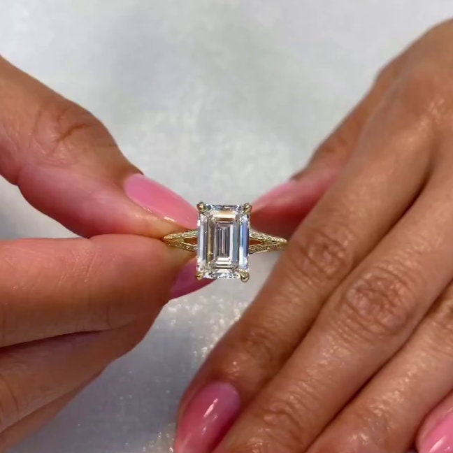 3.50tcw Emerald Lab Grown Diamond Knife Edge Split Pavé Ring | IGI Certified | Rose Gold