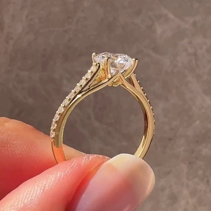 1.40tcw Lab Grown Round Diamond Cathedral Pavé Ring | IGI Certified | Custom Gold Options