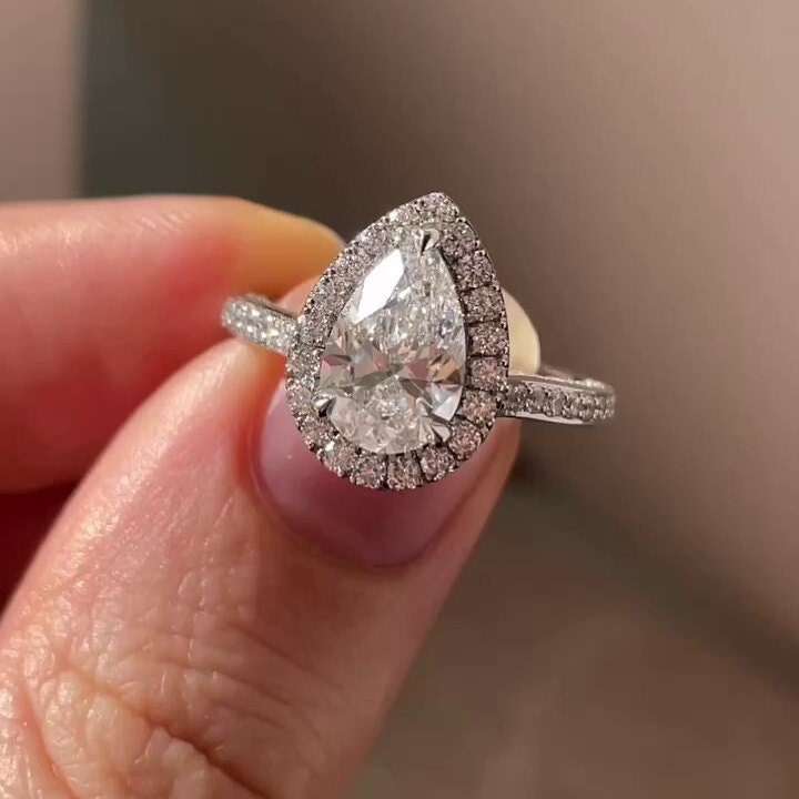 3.50tcw Pear Lab Grown Diamond Halo Pave Engagement Ring | IGI Certified | DEF Color | VVS–VS Clarity