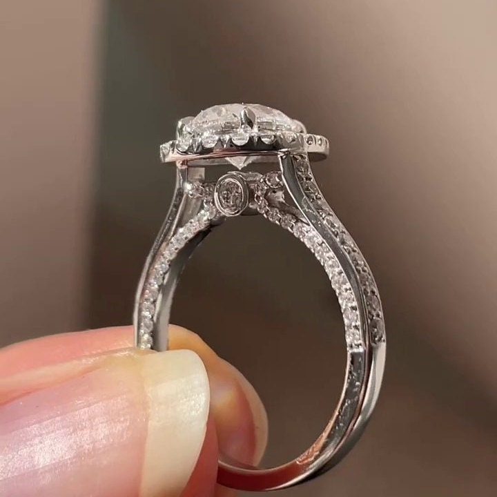 3.50tcw Pear Lab Grown Diamond Halo Pave Engagement Ring | IGI Certified | DEF Color | VVS–VS Clarity