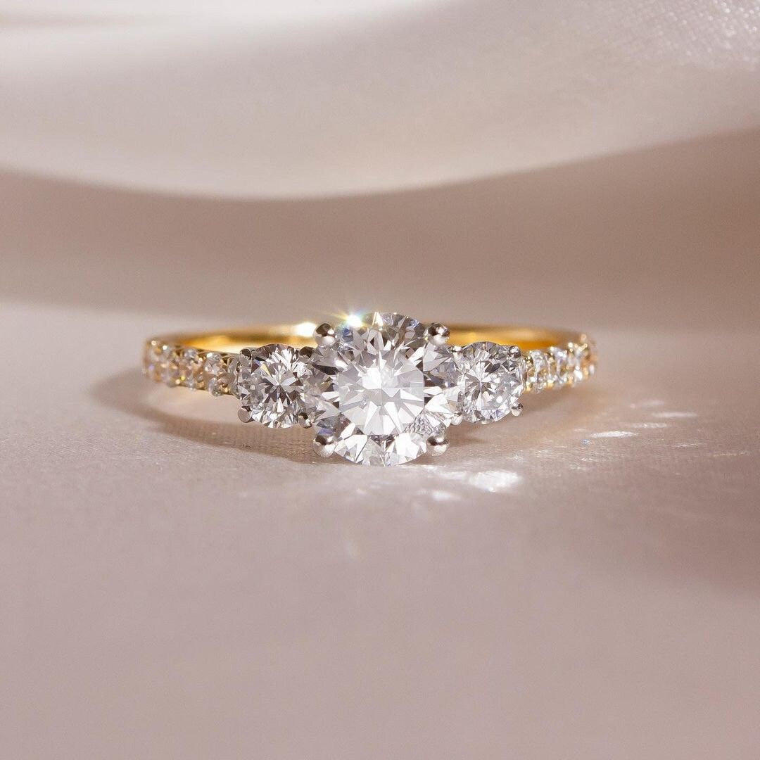 1.50tcw Round Cut Lab Diamond Engagement Ring | Three Stone Pavé Design | Yellow Gold