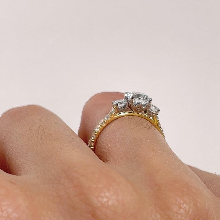 1.50tcw Round Cut Lab Diamond Engagement Ring | Three Stone Pavé Design | Yellow Gold