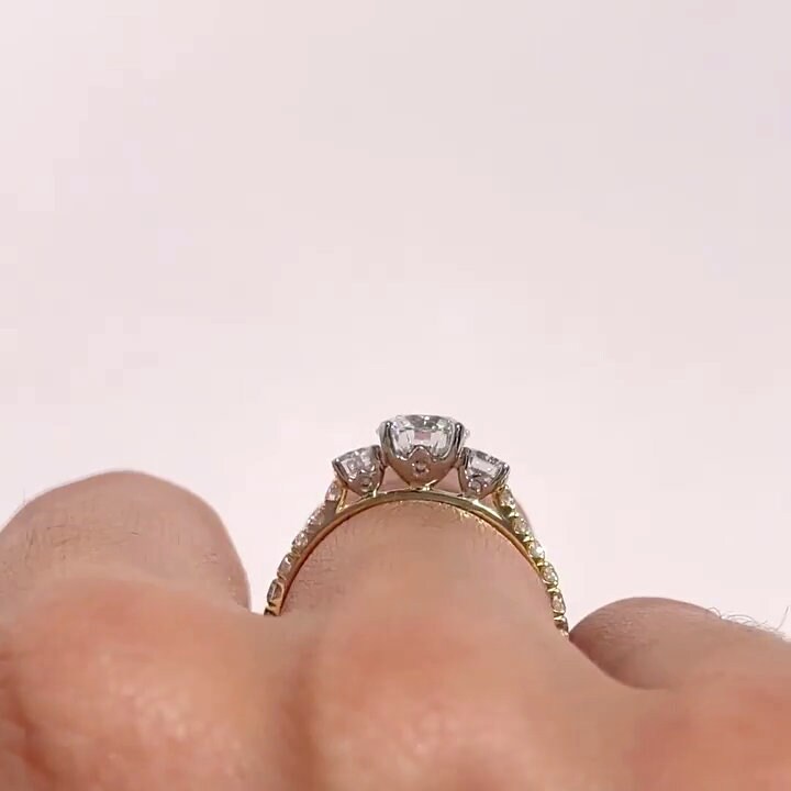 1.50tcw Round Cut Lab Diamond Engagement Ring | Three Stone Pavé Design | Yellow Gold