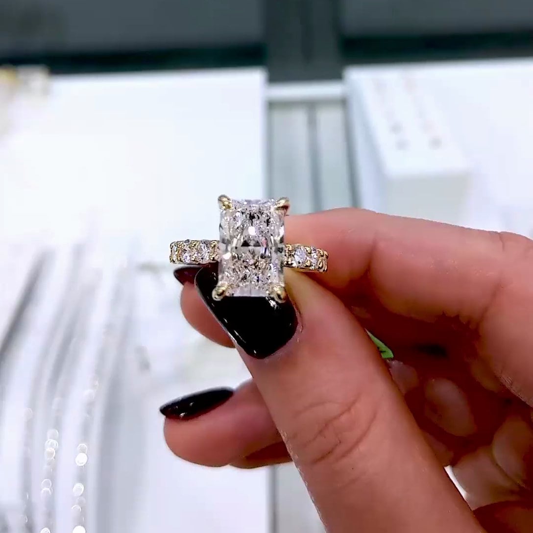 Elegant 4.60tcw Radiant Cut Lab Diamond Ring | Pavé Band | Hidden Halo Setting