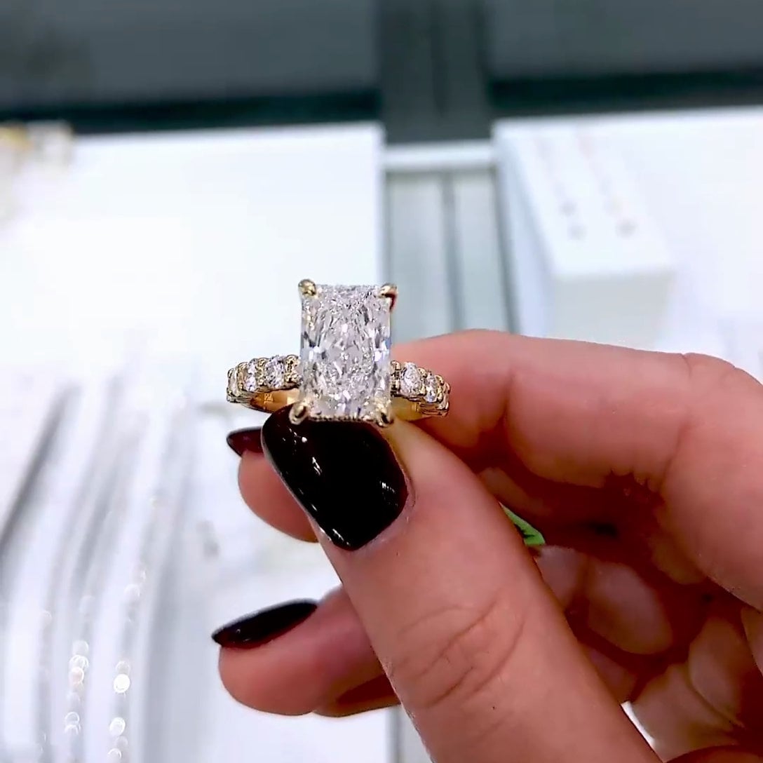 Elegant 4.60tcw Radiant Cut Lab Diamond Ring | Pavé Band | Hidden Halo Setting
