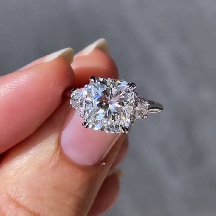 3.00tcw Cushion Lab Diamond Three Stone Ring | IGI Certified | D-E-F | VVS–VS | Trapezoid Side Stones
