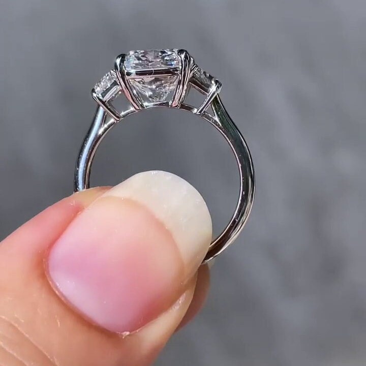 Cushion 3.70tcw Lab Grown Diamond 3-Stone Ring with Trapezoid Sides | IGI Certified | Ethical