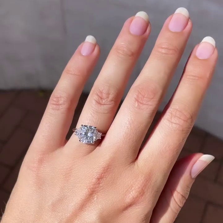 3.00tcw Cushion Lab Diamond Three Stone Ring | IGI Certified | D-E-F | VVS–VS | Trapezoid Side Stones