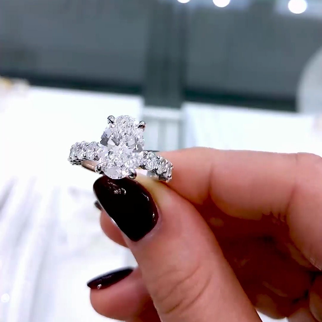 4.80tcw Oval Lab Grown Diamond Engagement Ring | Hidden Halo & Pavé Band | IGI Certified