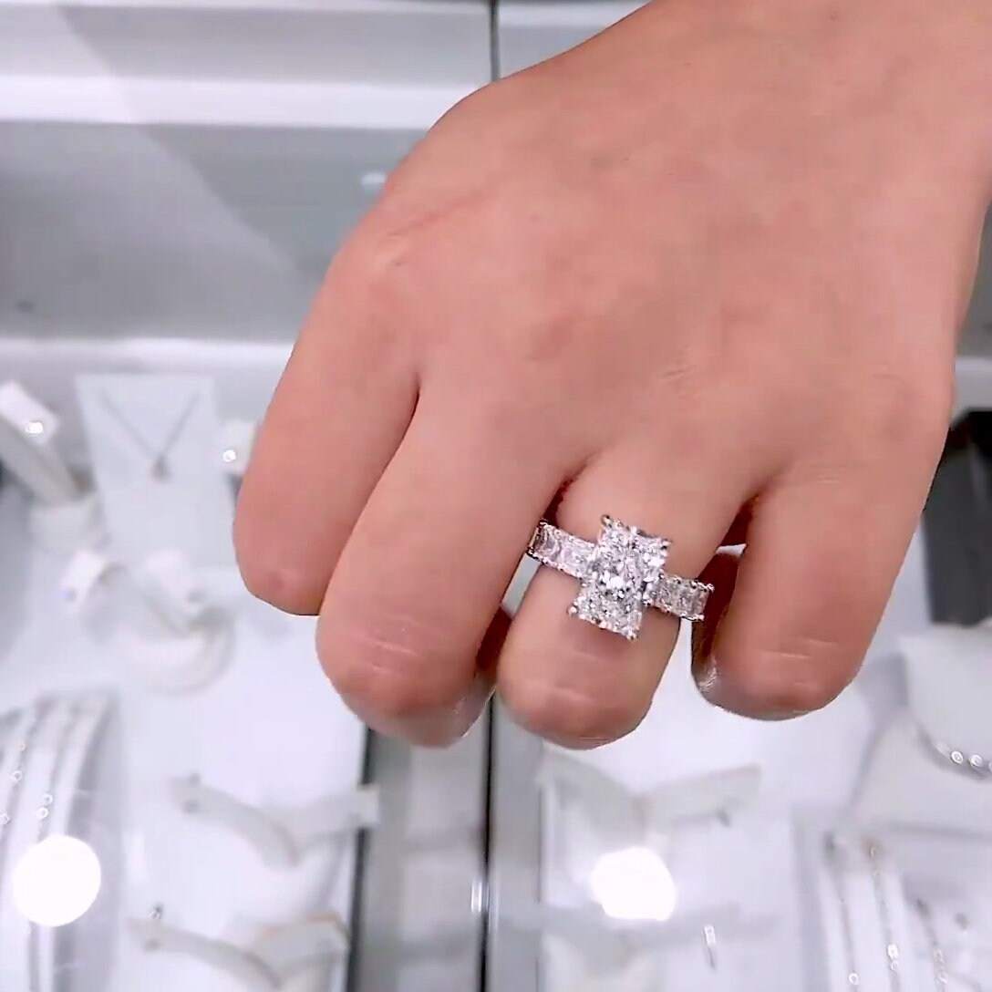 Luxury 5.30tcw Radiant Lab Diamond Ring | White Gold with Side Stones & Hidden Halo