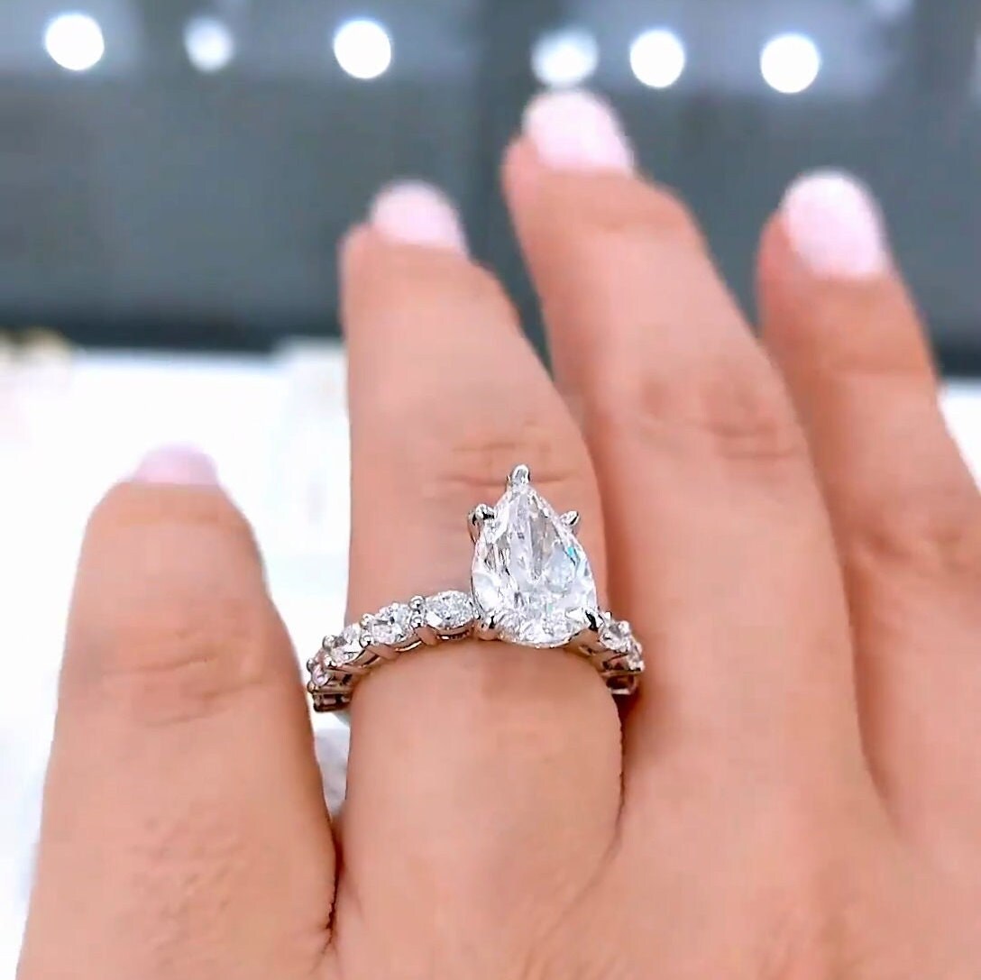 Pear 2.60tcw Lab Diamond Pavé Ring with Oval Accents | IGI Certified | D-E-F | VVS–VS