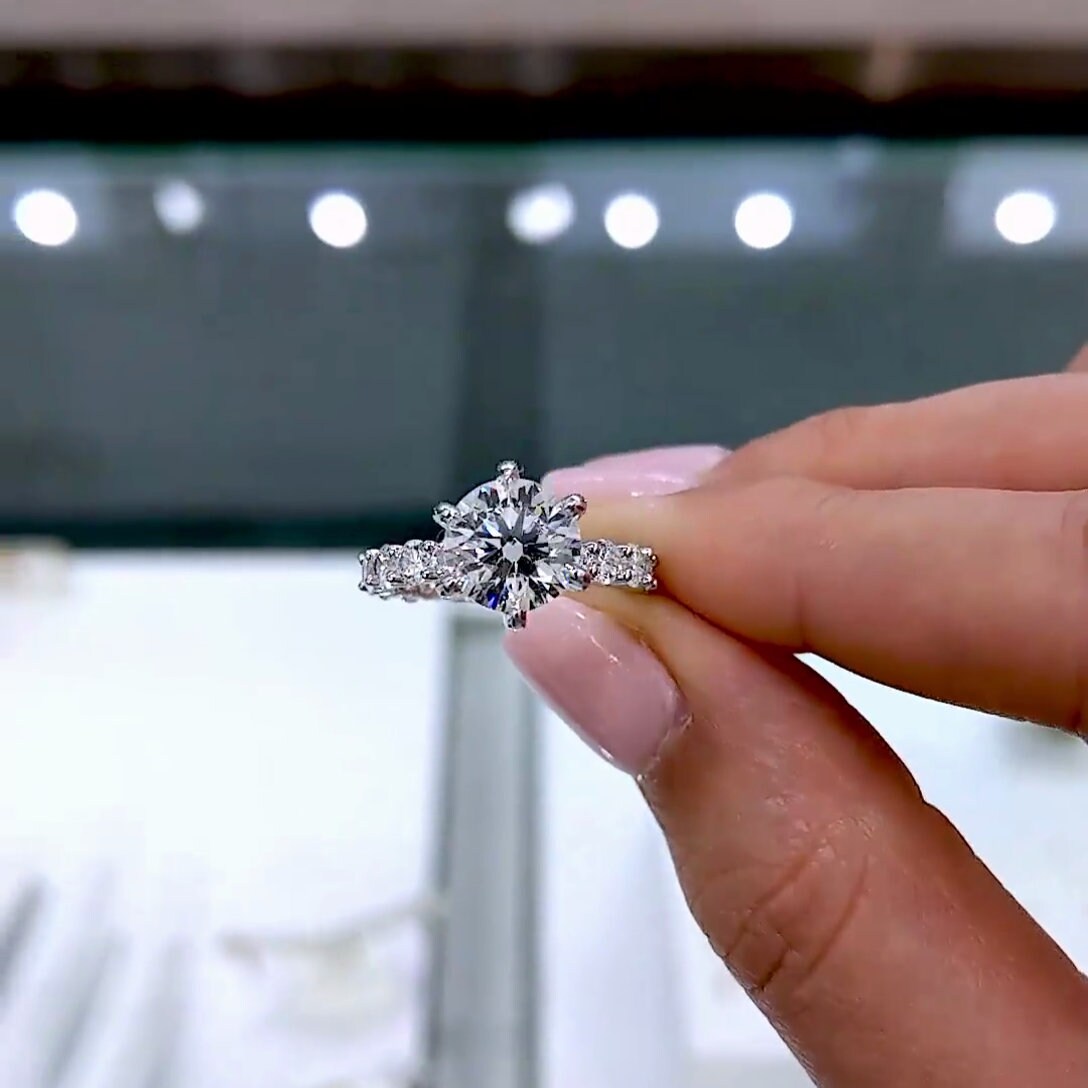 1.90tcw Round Lab Grown Diamond 6-Prong Pavé Engagement Ring | IGI Certified