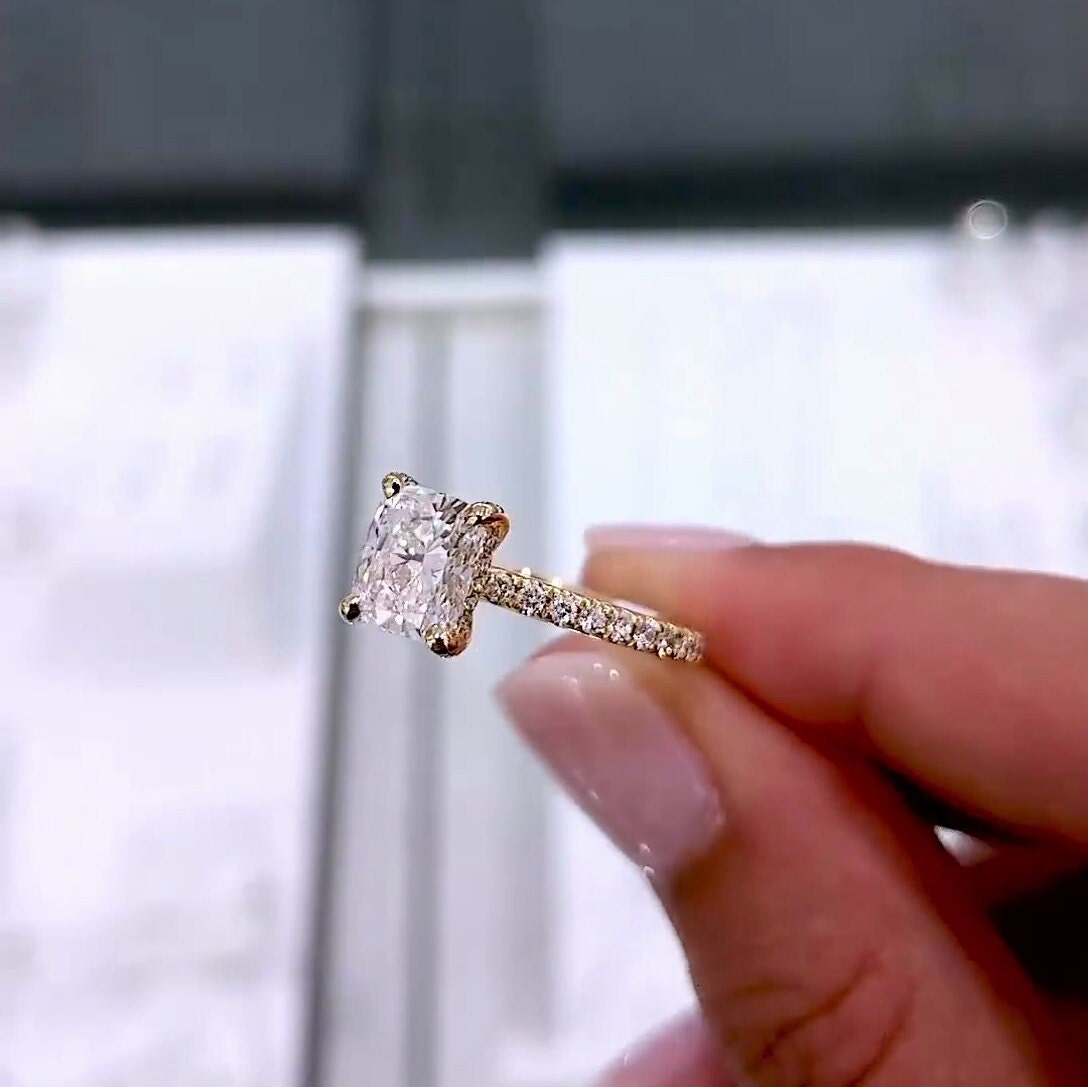 Cushion 2.30tcw Lab Diamond Hidden Halo Engagement Ring | IGI Certified | DEF VVS | Pave Gold Ring
