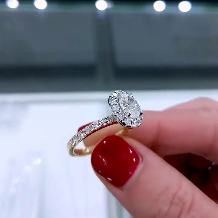 Oval 1.70tcw Lab Grown Diamond Ring | Two-Tone Halo & Pave Setting | IGI Certified