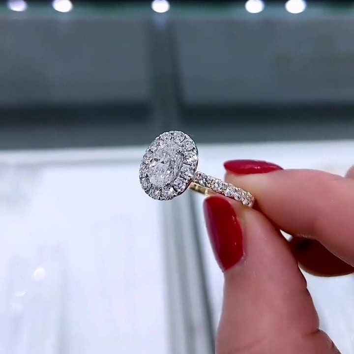 Oval 1.70tcw Lab Grown Diamond Ring | Two-Tone Halo & Pave Setting | IGI Certified