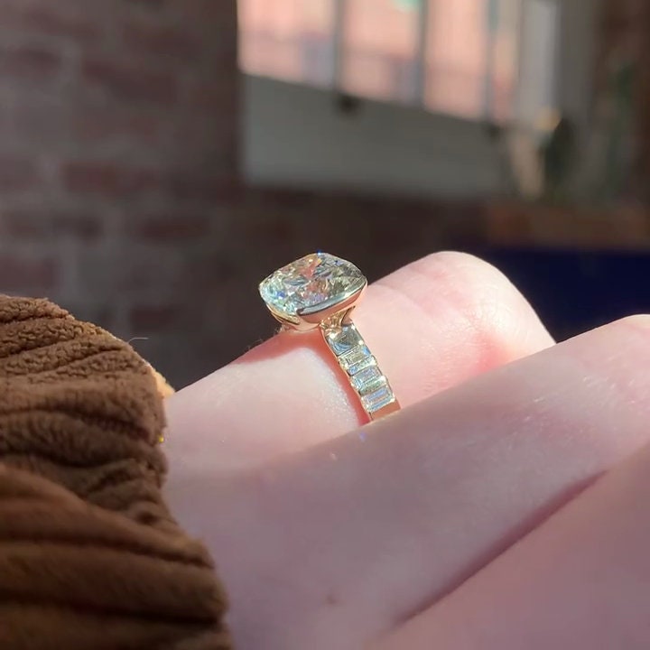 4.50tcw Cushion Lab Grown Diamond East West Half Bezel Engagement Ring | IGI Certified | VVS–VS Clarity