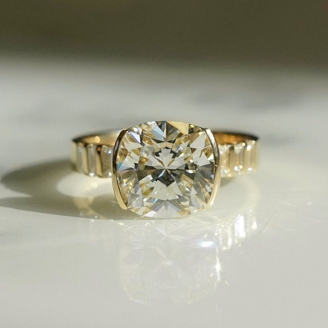 4.50tcw Cushion Lab Grown Diamond East West Half Bezel Engagement Ring | IGI Certified | VVS–VS Clarity