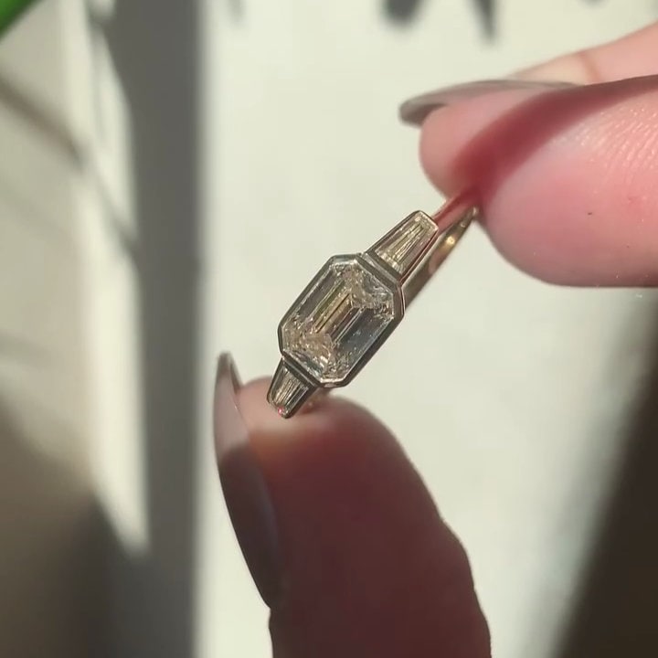 2.00tcw Emerald East-West Bezel Lab Grown Diamond Ring | IGI Certified | DEF VVS | Yellow Gold