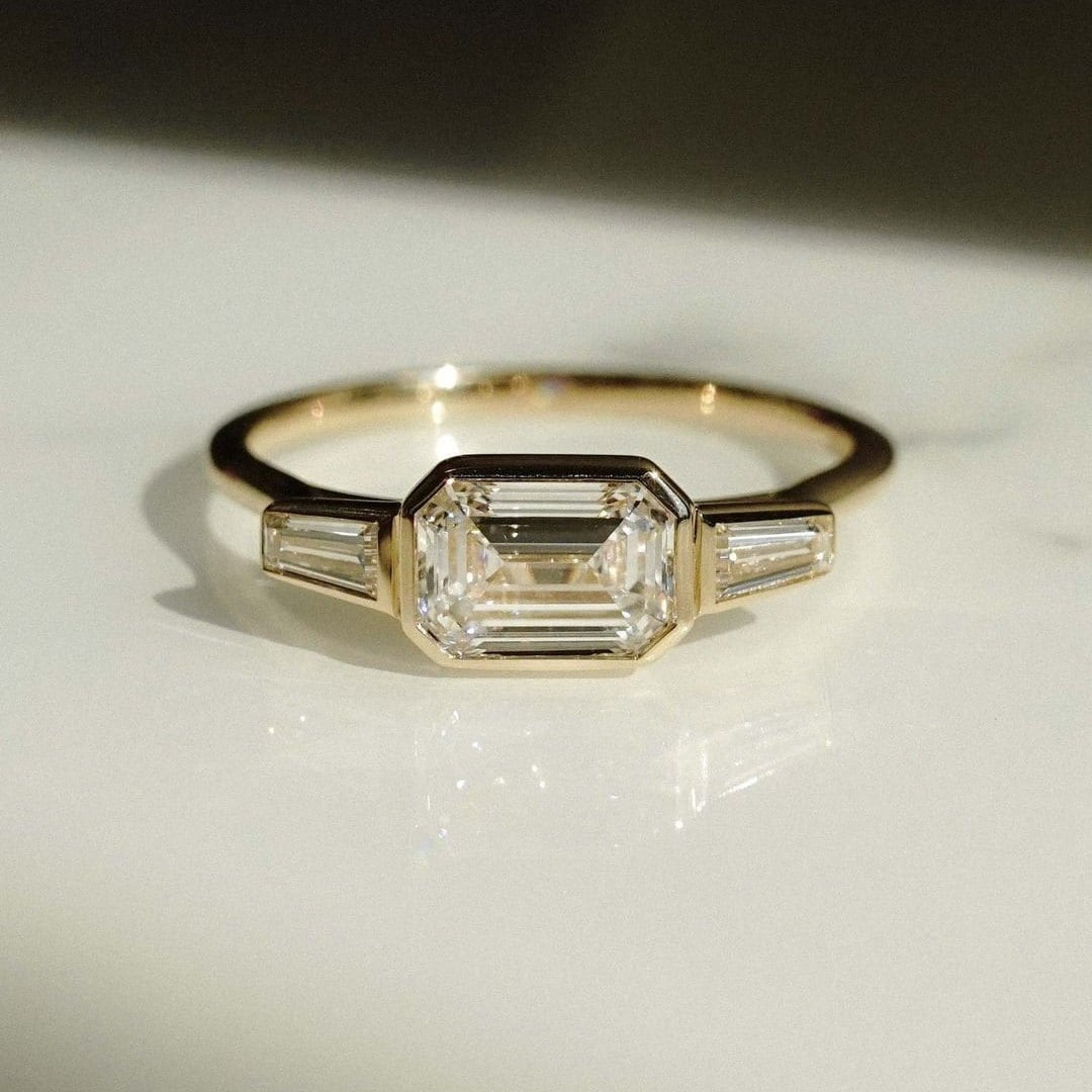 2.00tcw Emerald East-West Bezel Lab Grown Diamond Ring | IGI Certified | DEF VVS | Yellow Gold