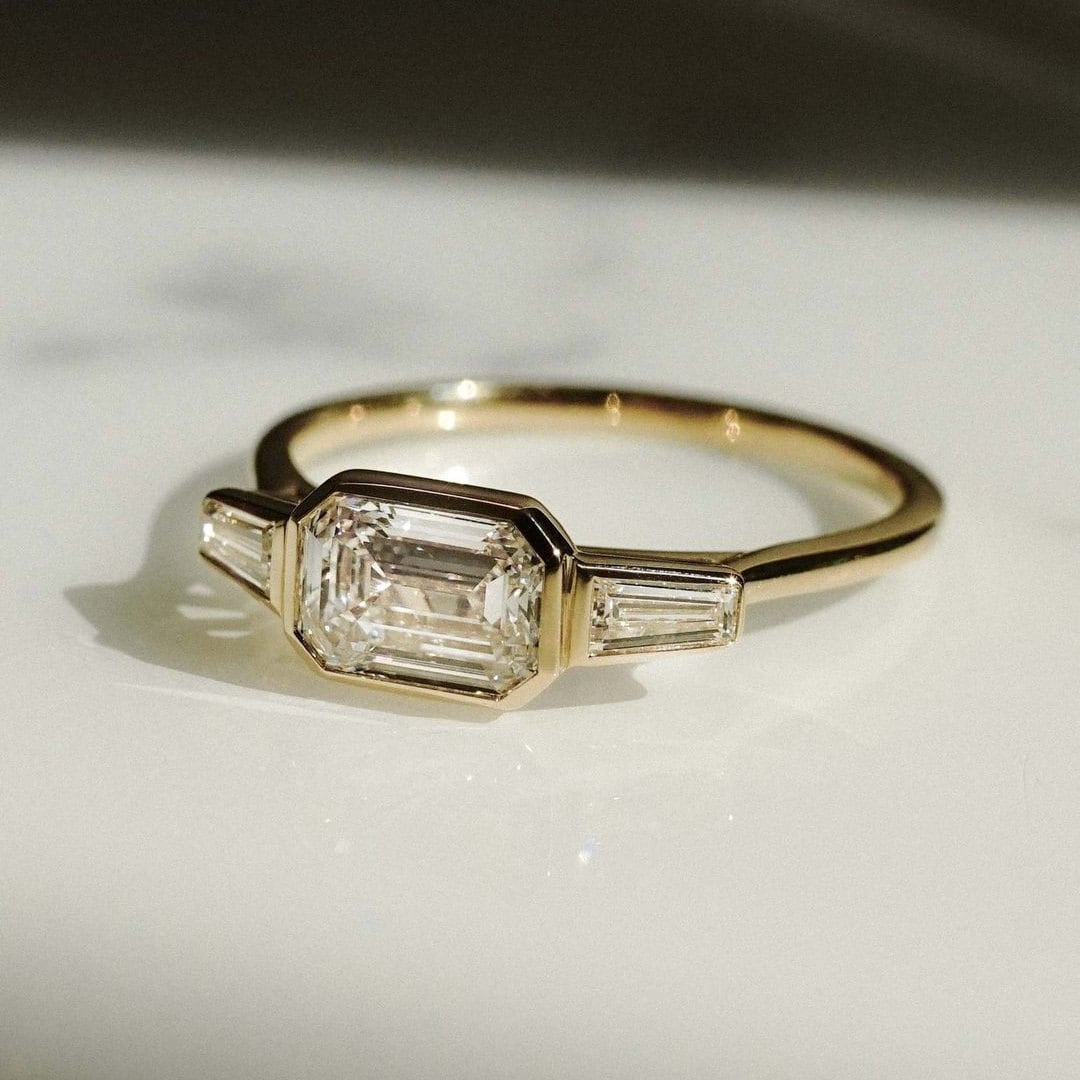 2.00tcw Emerald East-West Bezel Lab Grown Diamond Ring | IGI Certified | DEF VVS | Yellow Gold