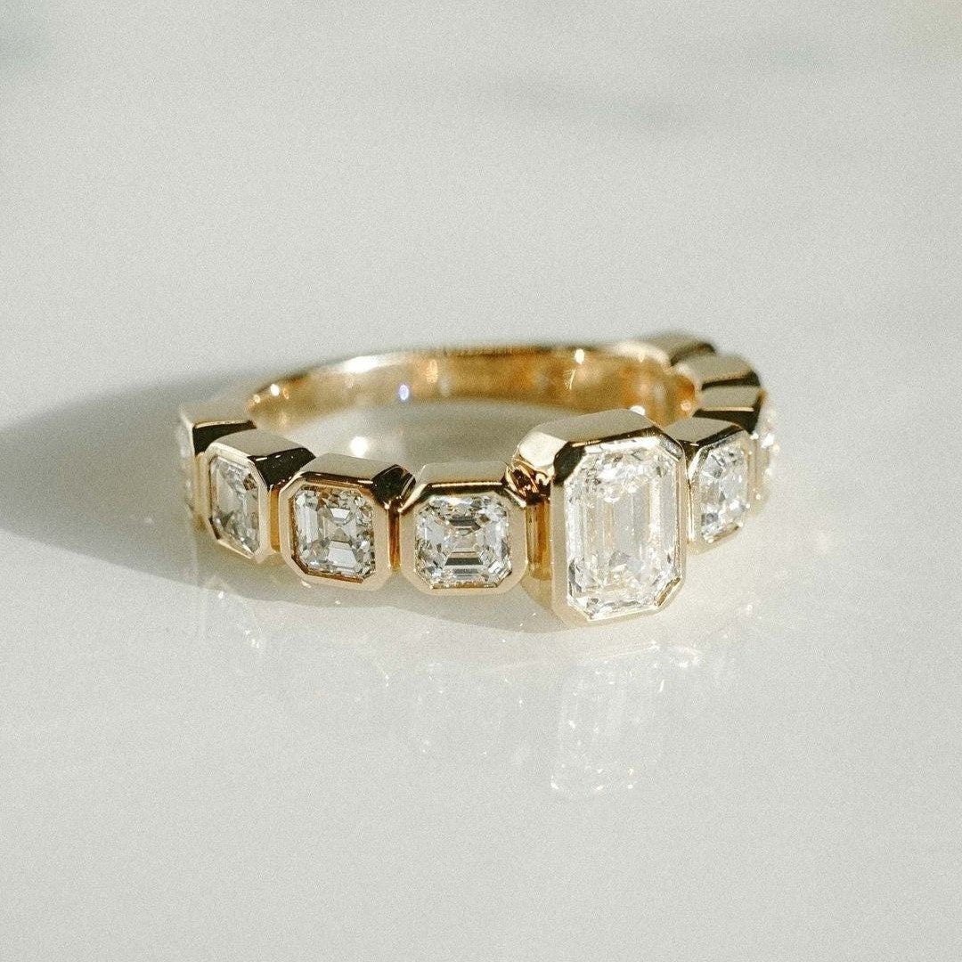 3.00tcw Emerald Lab Grown Diamond Engagement Ring | Bezel Set with Asscher Side Stones | IGI Certified