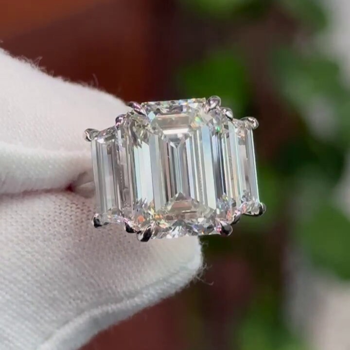 Emerald 15.00tcw Lab Grown Diamond Three Stone Engagement Ring | IGI Certified D-E-F VVS–VS