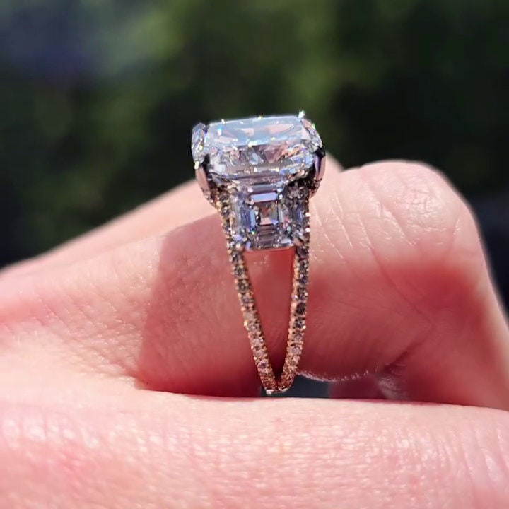 Cushion And Asscher 5.70tcw Lab Diamond Two Tone Hidden Halo Ring | IGI Certified