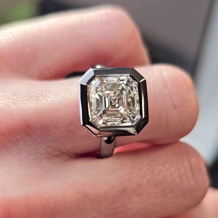 5.10ct Asscher Lab Grown Diamond Bezel Engagement Ring | Pavé Halo | IGI Certified