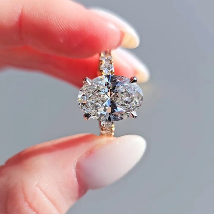 4.50tcw Oval Lab Diamond Engagement Ring | Scalloped Pavé | Two-Tone Gold | IGI Certified