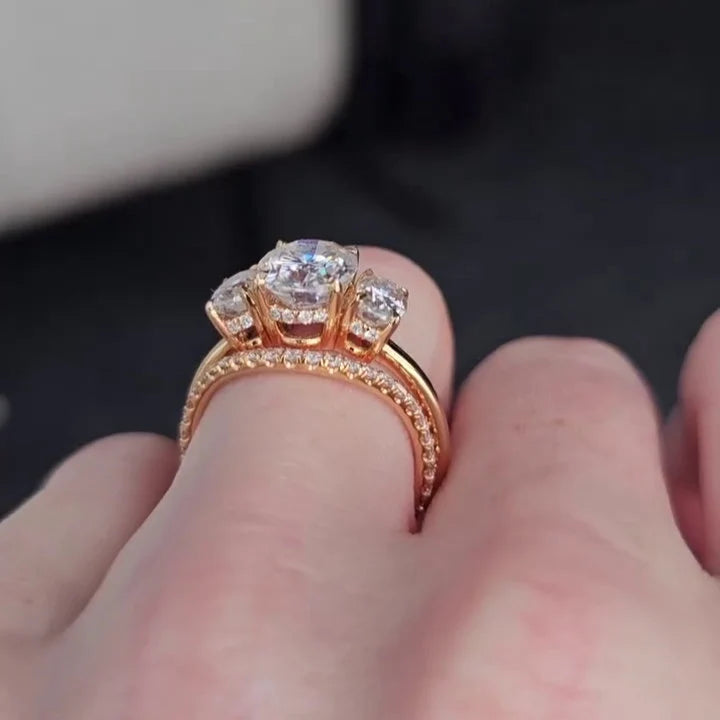 3.40tcw Oval Lab Diamond Ring Set | Three Stone with Band | IGI Certified | Yellow Gold