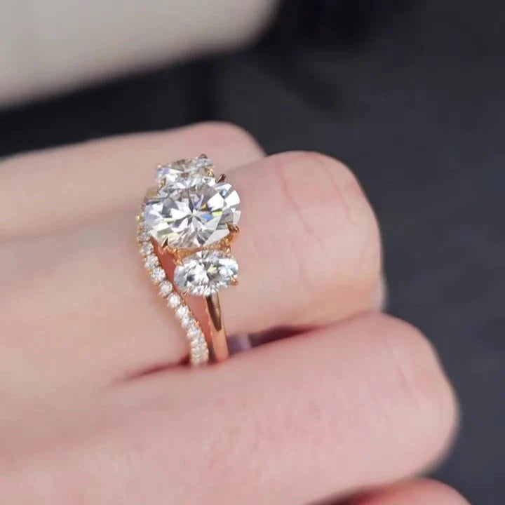 3.40tcw Oval Lab Diamond Ring Set | Three Stone with Band | IGI Certified | Yellow Gold