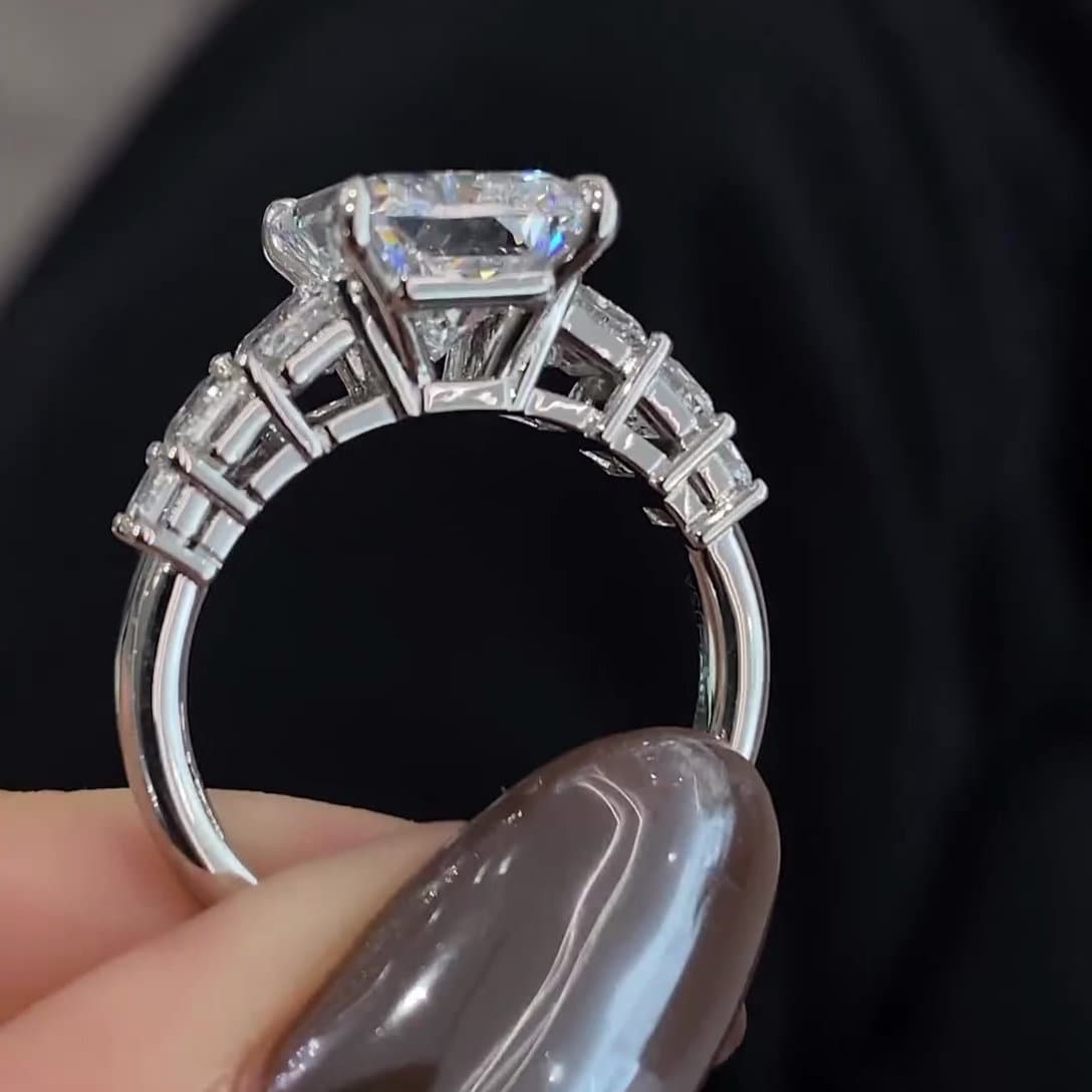 7.50tcw Radiant Lab Diamond Engagement Ring | Emerald Side Stones | IGI Certified