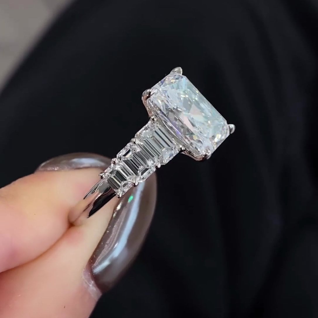 7.50tcw Radiant Lab Diamond Engagement Ring | Emerald Side Stones | IGI Certified