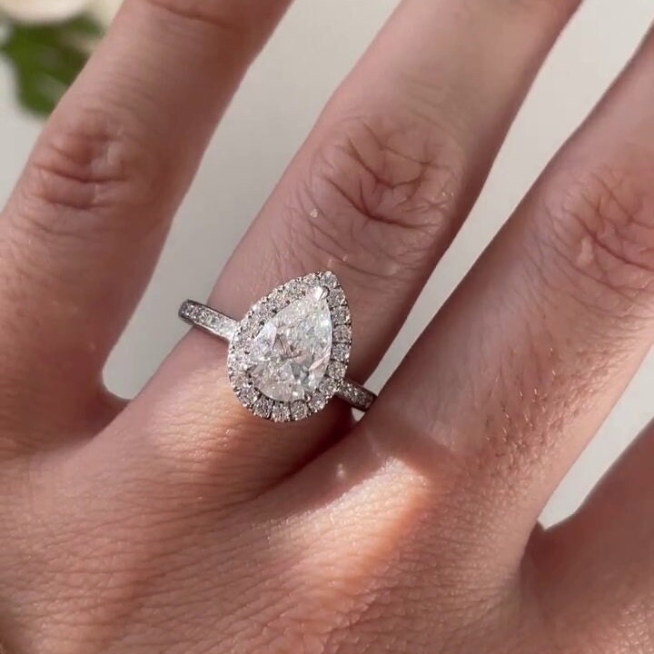 3.50tcw Pear Lab Grown Diamond Halo Pave Engagement Ring | IGI Certified | DEF Color | VVS–VS Clarity