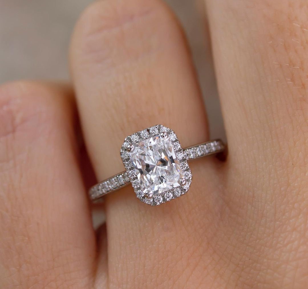 Radiant 1.80tcw Lab Diamond Halo Pave Engagement Ring | IGI Certified D-E-F VVS–VS