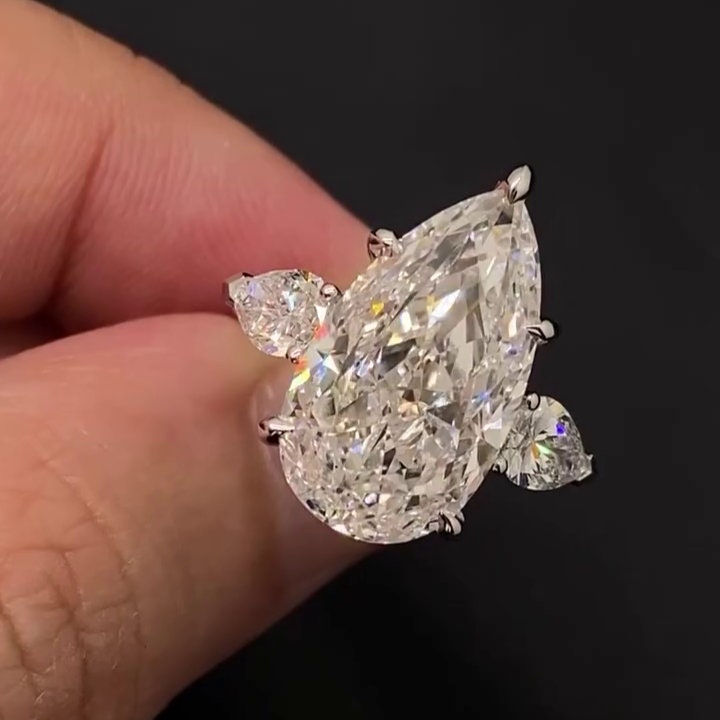 Pear 10.00tcw Lab Diamond Cathedral Three Stone Ring | IGI Certified DEF VVS–VS
