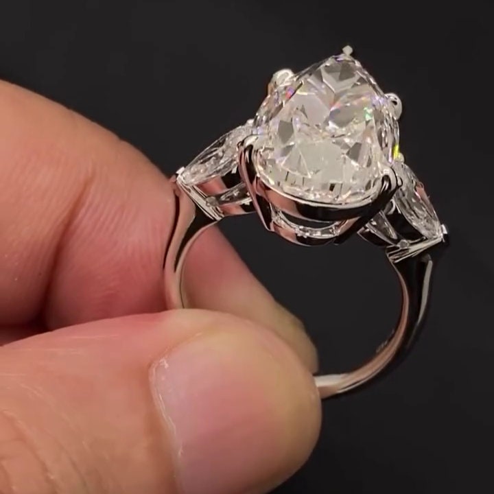 Pear 10.00tcw Lab Diamond Cathedral Three Stone Ring | IGI Certified DEF VVS–VS