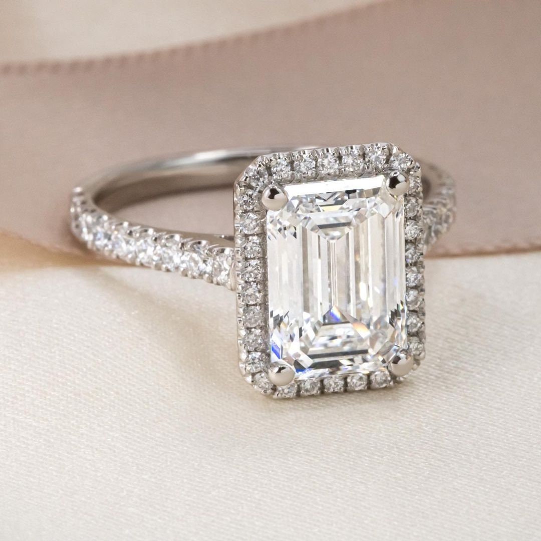 2.50tcw Emerald Lab Grown Diamond Engagement Ring | Halo Pavé Cathedral | IGI Certified | Custom Gold