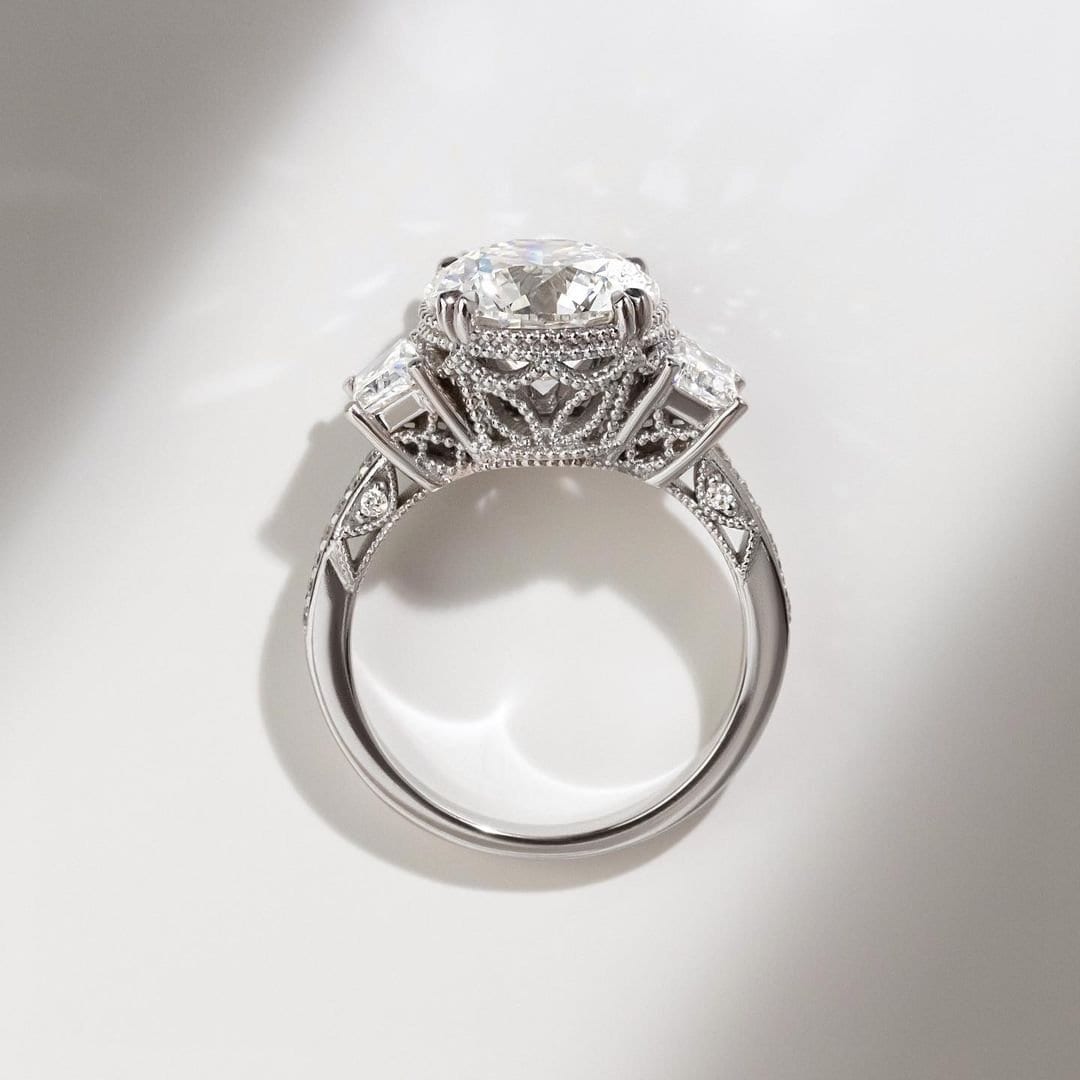 2.50tcw Round Lab Diamond Vintage Three Stone Ring | Trapezoid Sides | IGI Certified | White Gold