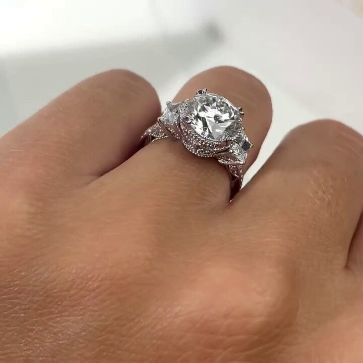 2.50tcw Round Lab Diamond Vintage Three Stone Ring | Trapezoid Sides | IGI Certified | White Gold