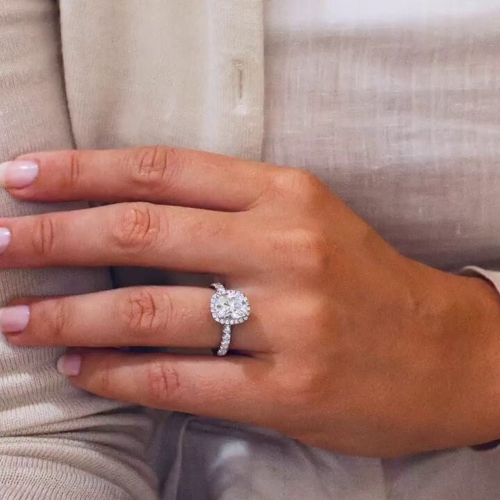 2.60ct Cushion Lab Grown Diamond Halo Engagement Ring | Pavé Band | IGI Certified | White Gold