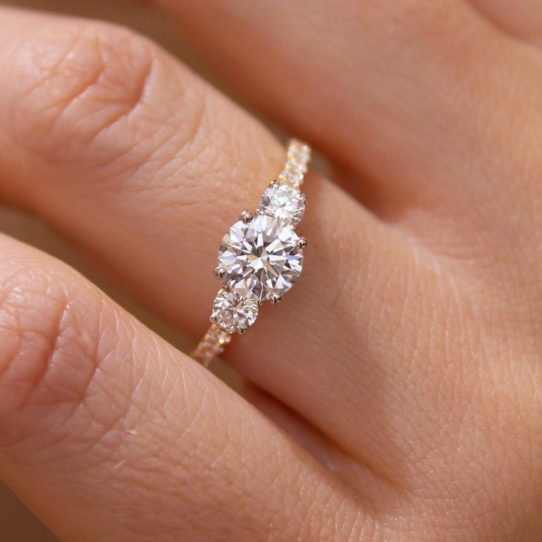 1.50tcw Round Cut Lab Diamond Engagement Ring | Three Stone Pavé Design | Yellow Gold