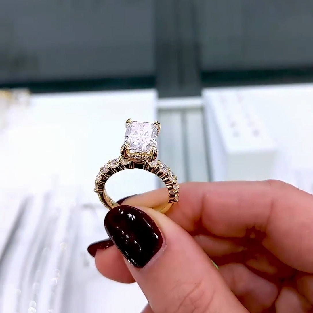 Elegant 4.60tcw Radiant Cut Lab Diamond Ring | Pavé Band | Hidden Halo Setting
