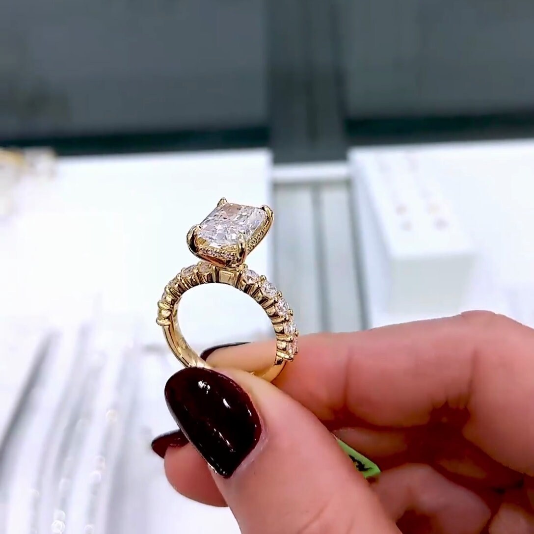 Elegant 4.60tcw Radiant Cut Lab Diamond Ring | Pavé Band | Hidden Halo Setting