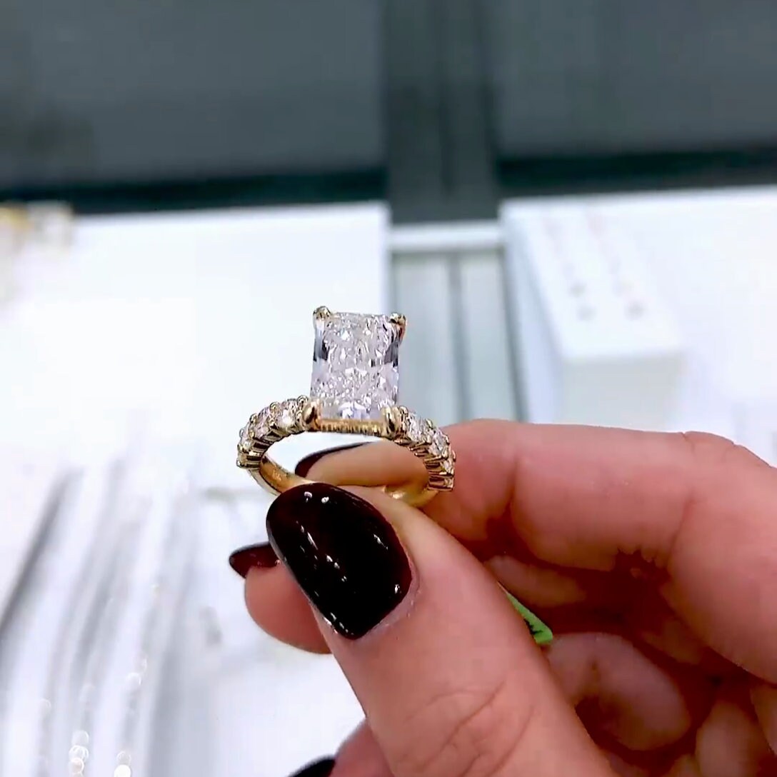 Elegant 4.60tcw Radiant Cut Lab Diamond Ring | Pavé Band | Hidden Halo Setting