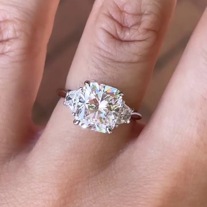 Cushion 3.70tcw Lab Grown Diamond 3-Stone Ring with Trapezoid Sides | IGI Certified | Ethical