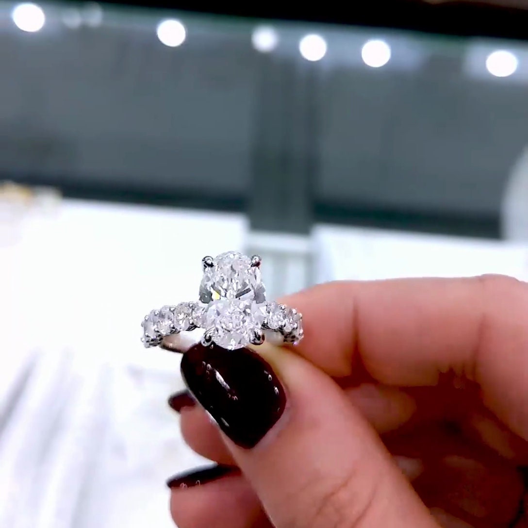 4.80tcw Oval Lab Grown Diamond Engagement Ring | Hidden Halo & Pavé Band | IGI Certified